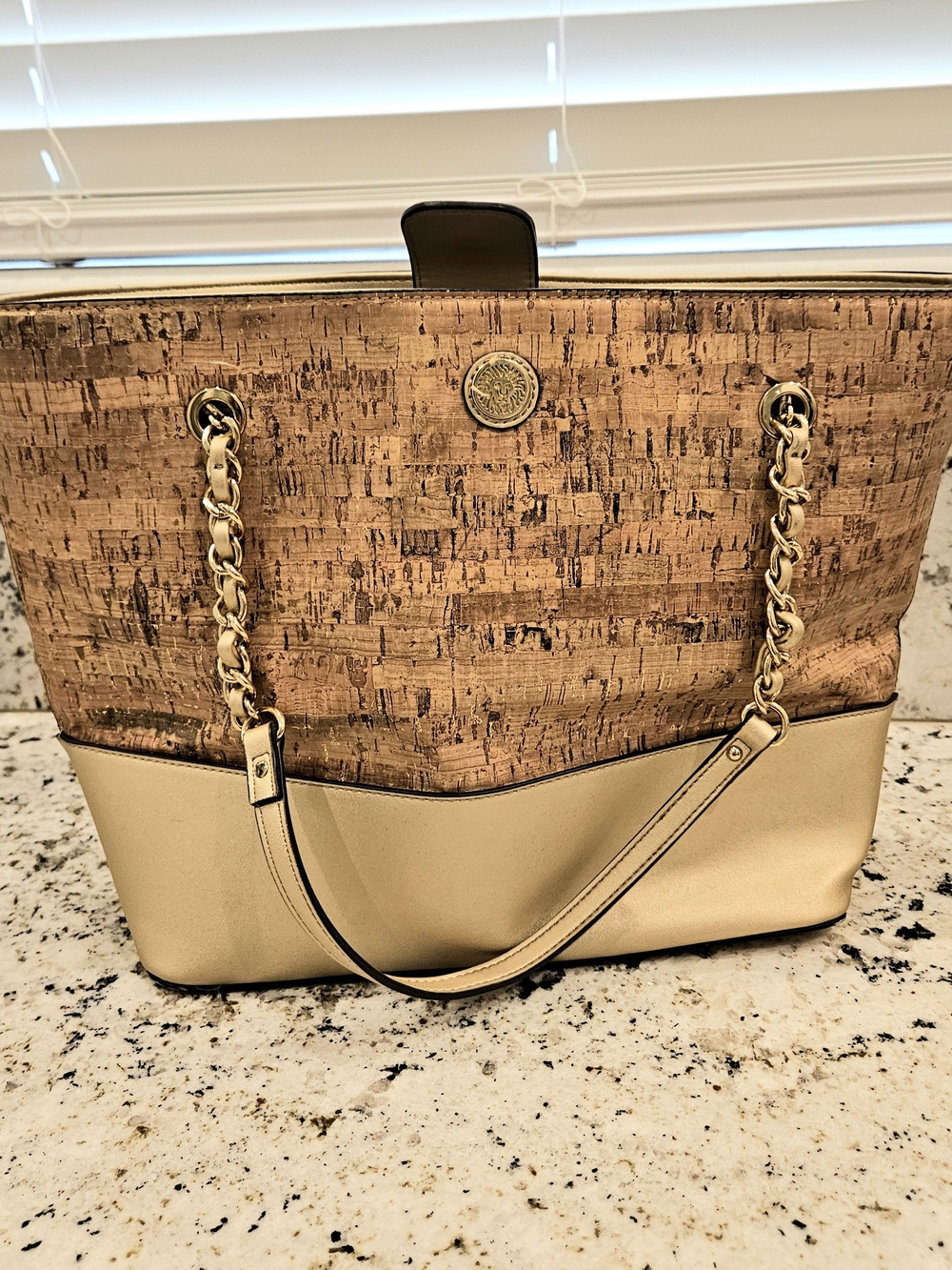 Anne Klein Cork-Textured Tote Bag with Gold Accents - Beige/Cork